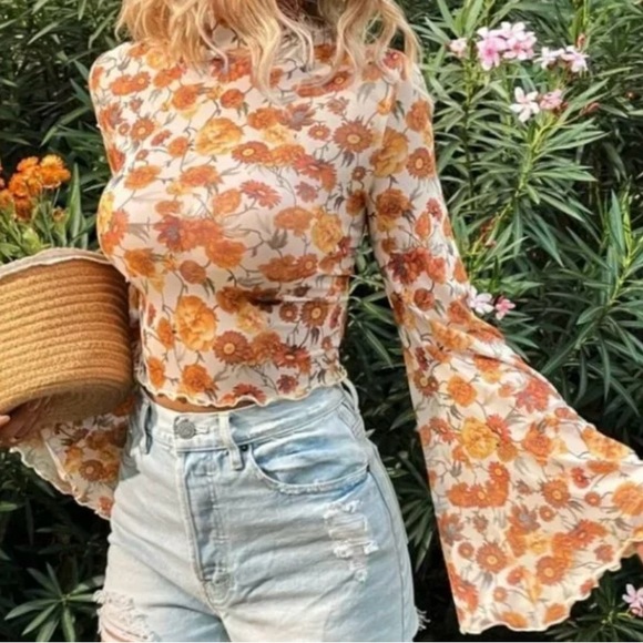 SHEIN Tops - Floral Bell Sleeve Top - Cream and Orange
